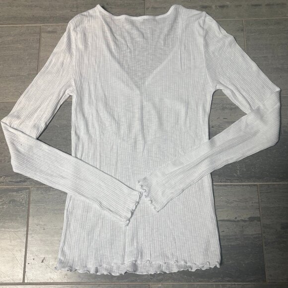 Michael Stars Ribbed Henley Long Sleeve Tee Scalloped Hem Cuffs White One Size - Picture 3 of 8